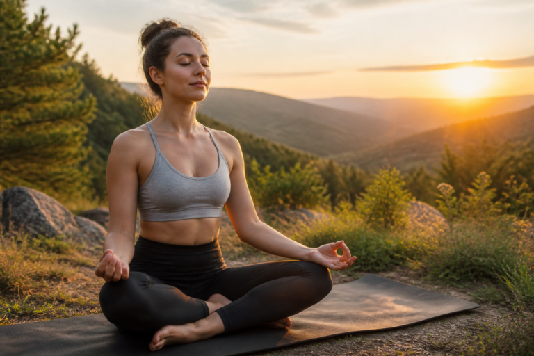 Femme pratiquant le yoga en extérieur au coucher du soleil, représentant la sérénité et l'équilibre émotionnel face à la charge mentale