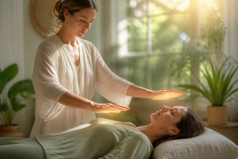 Praticien posant ses mains pour un soin de magnétisme émotionnel, symbolisant la pratique du coupeur de feux dans un cadre apaisant et naturel.