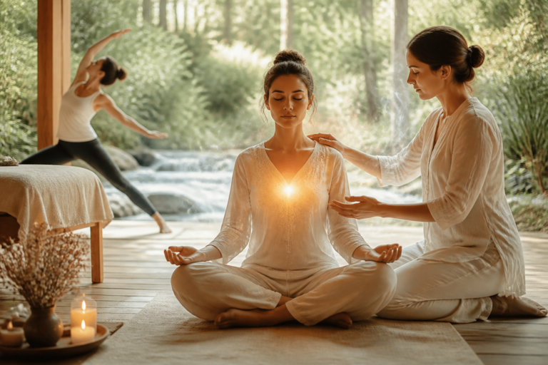 Personne méditant en pleine nature, symbolisant l'ostéo médecine douce et l'équilibre émotionnel