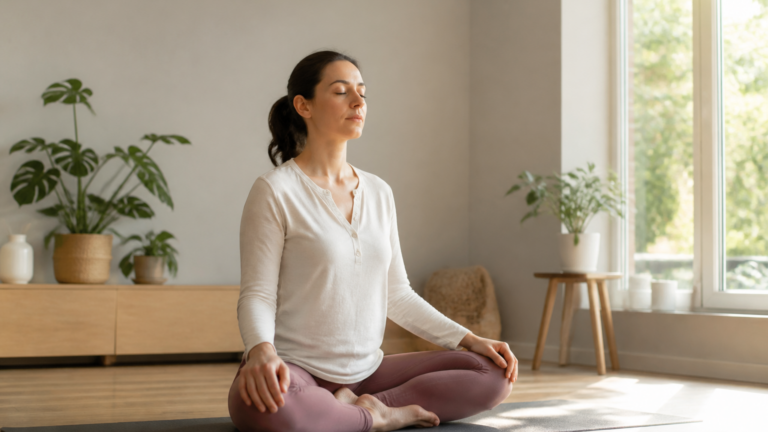Personne en posture de méditation dans un intérieur lumineux et apaisant avec tapis de yoga et plantes vertes