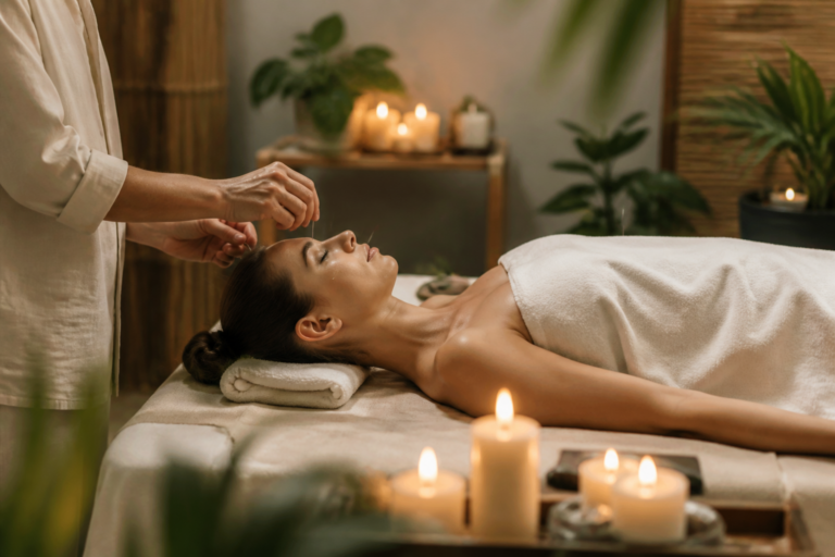 Personne recevant une séance d'acupuncture dans un cadre zen et apaisant