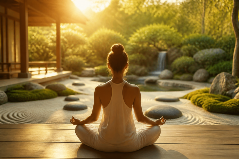 Personne méditant dans un jardin zen au lever du soleil, symbolisant calme et équilibre émotionnel