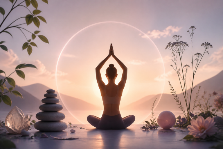 Personne en posture de yoga entourée d'éléments naturels symbolisant l'équilibre holistique