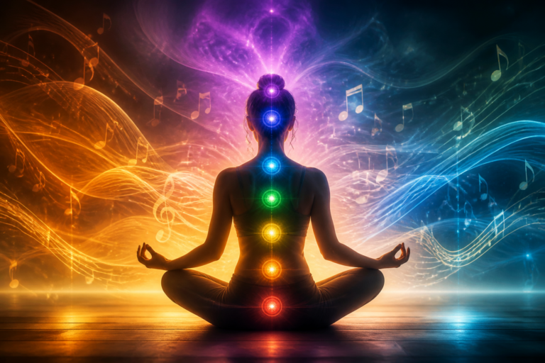 Silhouette méditative avec chakras alignés et notes de musique symbolisant l'harmonisation énergétique par la musique chakra