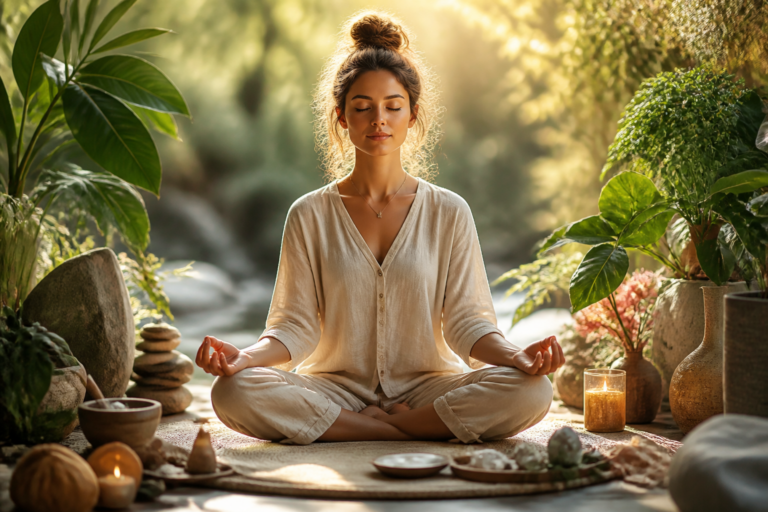 Personne méditant en pleine nature symbolisant l'équilibre holistique du corps et de l'esprit