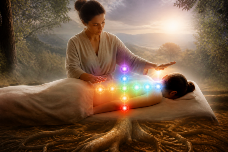 Thérapeute énergie travaillant sur les chakras d'une personne en séance de magnétisme émotionnel avec un symbole d'ancrage à la nature