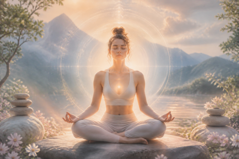 Personne méditant entourée d’une aura lumineuse symbolisant l’équilibre et la libération émotionnelle.