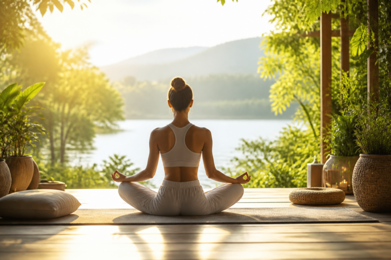 Personne méditant en posture de yoga évoquant calme et équilibre émotionnel en nature