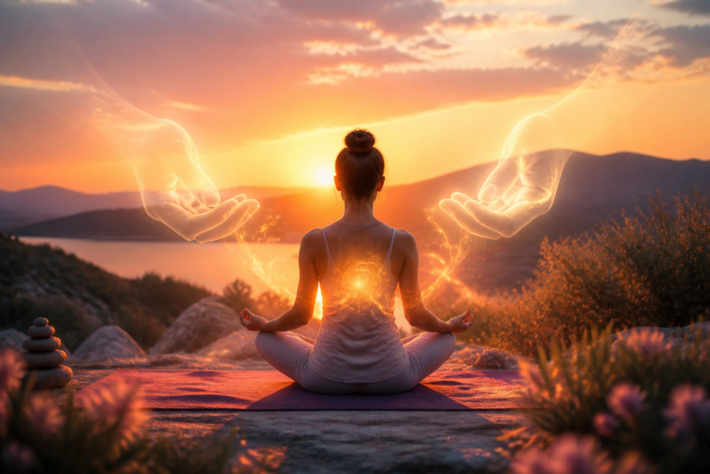 Personne méditant en posture de yoga au coucher du soleil, symbolisant la détente et le magnétisme émotionnel