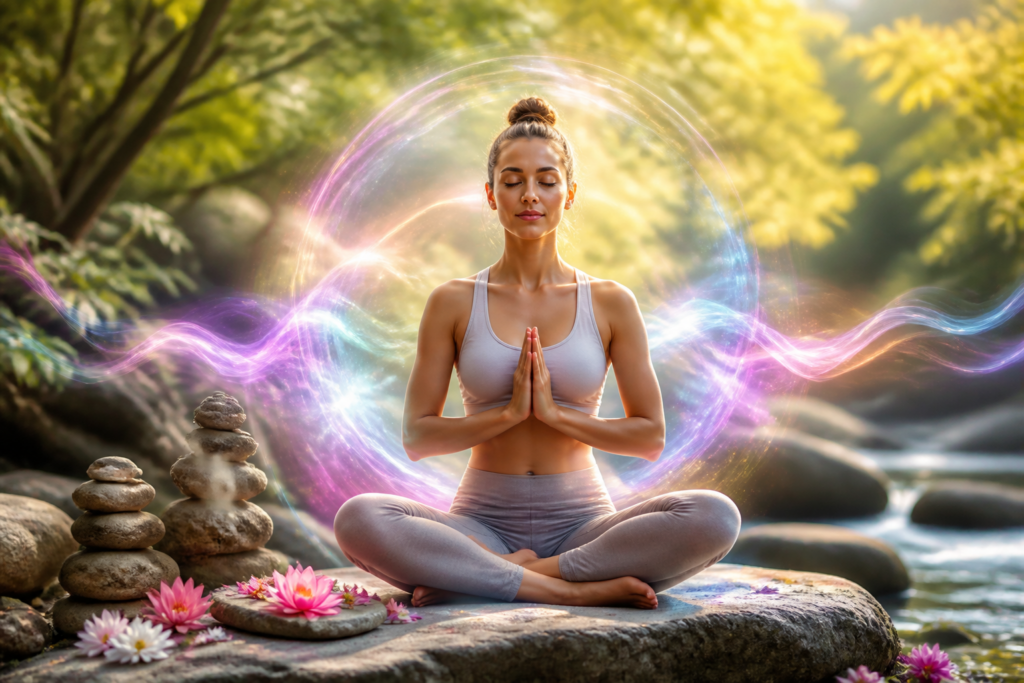Femme méditant en pleine nature avec une aura lumineuse symbolisant l'équilibre émotionnel et la libération intérieure