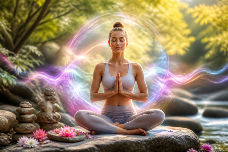 Femme méditant en pleine nature avec une aura lumineuse symbolisant l'équilibre émotionnel et la libération intérieure