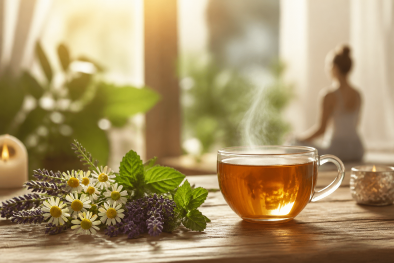 Tisane anti stress maison avec plantes médicinales naturelles sur une table en bois