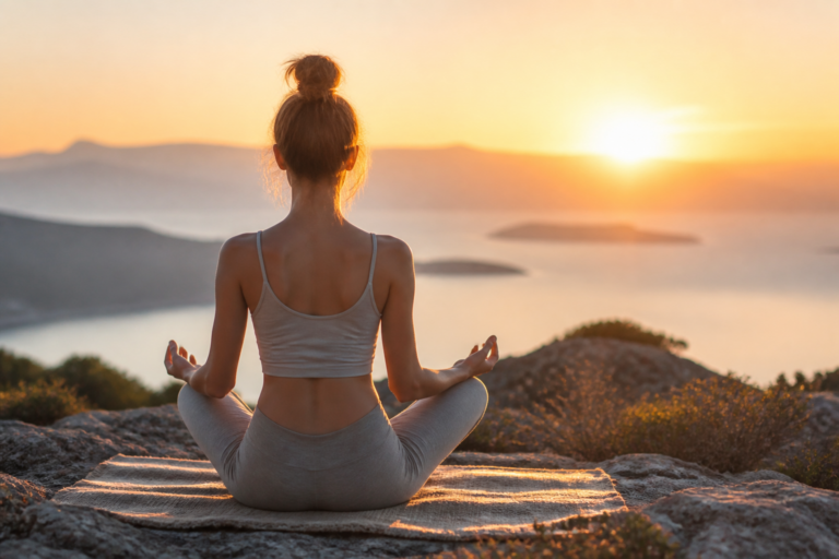 Personne méditant paisiblement en plein air au lever du soleil, symbolisant apaisement et équilibre émotionnel.