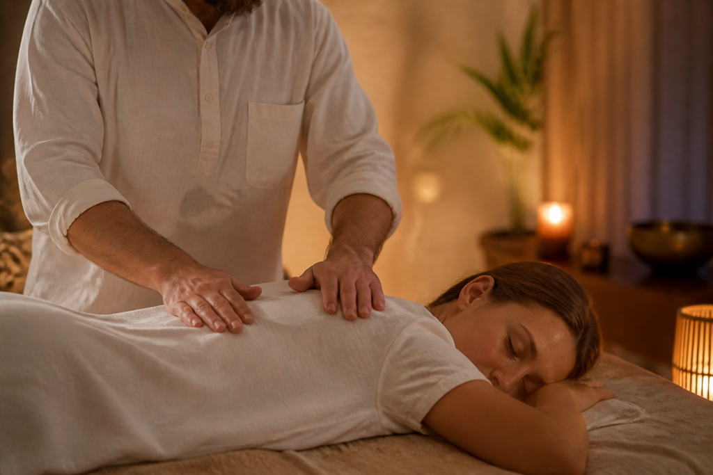 Séance de Reiki avec un praticien déposant ses mains sur le dos d'une personne détendue, illustrant les soins énergétiques dans une atmosphère apaisante