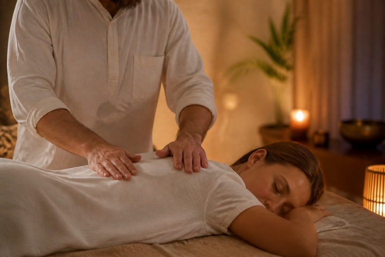 Séance de Reiki avec un praticien déposant ses mains sur le dos d'une personne détendue, illustrant les soins énergétiques dans une atmosphère apaisante