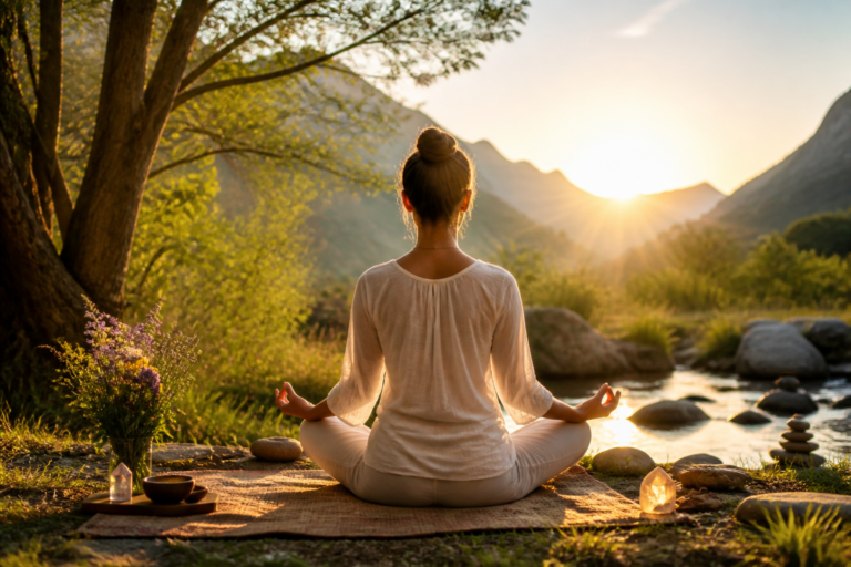 Personne en méditation assise au lever du soleil dans un cadre naturel paisible symbolisant la gestion du stress par le magnétisme émotionnel et le yoga