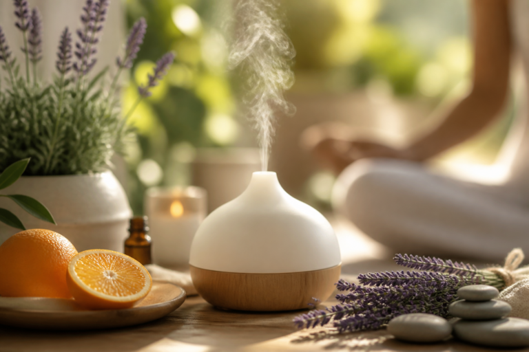 Diffuseur d'huiles essentielles parmi la lavande et l'orange dans un cadre zen apaisant