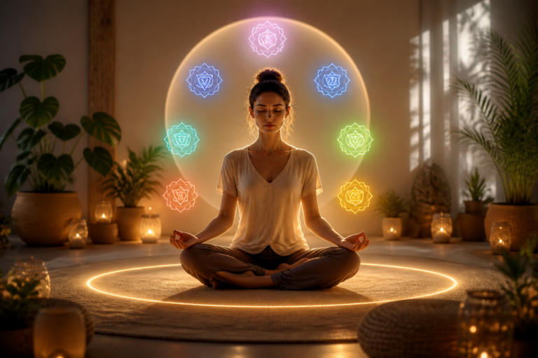 Personne méditant entourée de symboles de chakras dans une pièce apaisante symbolisant le nettoyage énergétique et l'équilibre émotionnel.