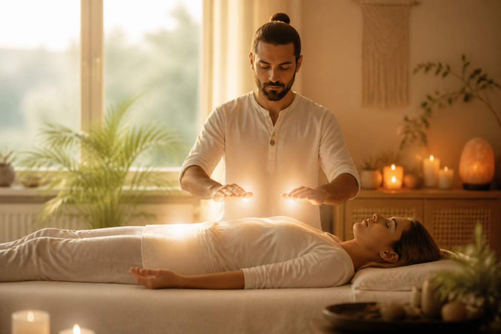 Praticien Reiki procédant à une séance énergétique apaisante dans un environnement zen