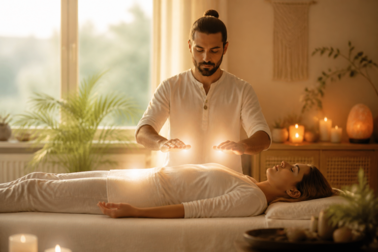 Praticien Reiki procédant à une séance énergétique apaisante dans un environnement zen