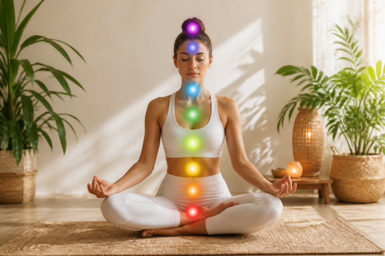 Personne méditant en position de lotus avec les sept chakras colorés illustrés le long de sa colonne vertébrale dans un décor lumineux et apaisant.