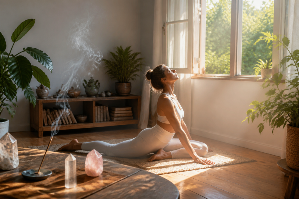 Intérieur d'une maison lumineuse avec plantes et encens pour un nettoyage énergétique favorisant le bien-être émotionnel.