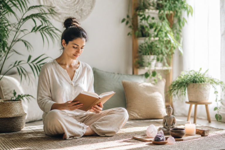 Personne en posture de méditation lisant un texte guidé, ambiance apaisante avec plantes et lumière naturelle.