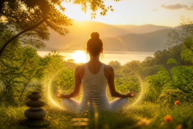 Personne méditant dans la nature au lever du soleil entourée de symboles de yoga et d'énergie lumineuse