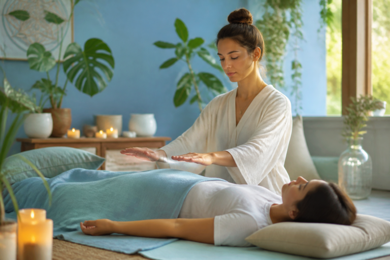 Séance de Reiki en cours dans un environnement calme, illustrant l'harmonie et la relaxation des soins énergétiques