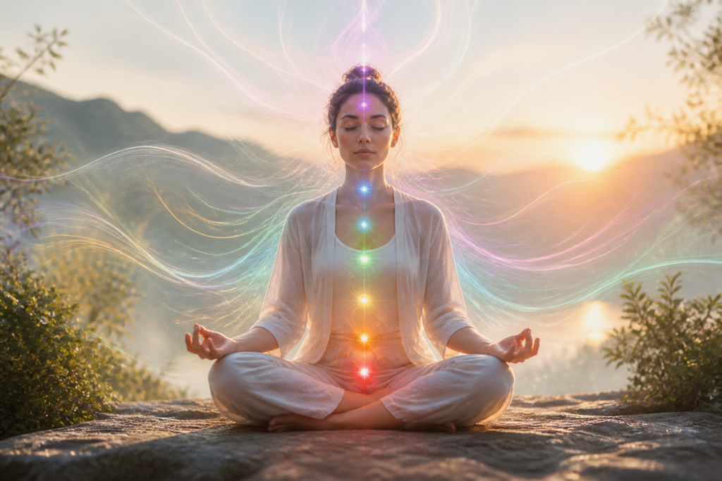 Personne méditant calmement avec des lignes d'énergie douce et des chakras lumineux dans un décor naturel paisible