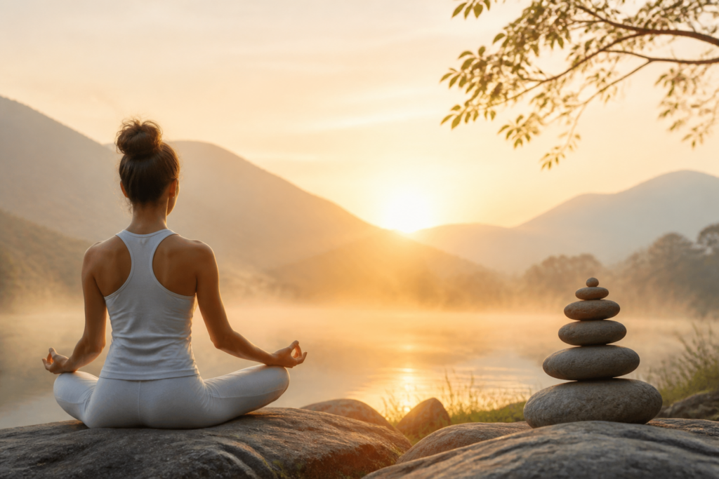 Personne en méditation assise en position de yoga dans la nature au lever du soleil, évoquant calme et équilibre émotionnel