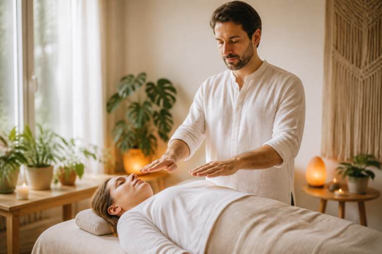 Praticien en séance de Reiki dans un environnement calme et lumineux, symbolisant le magnétisme émotionnel et l'équilibre énergétique.
