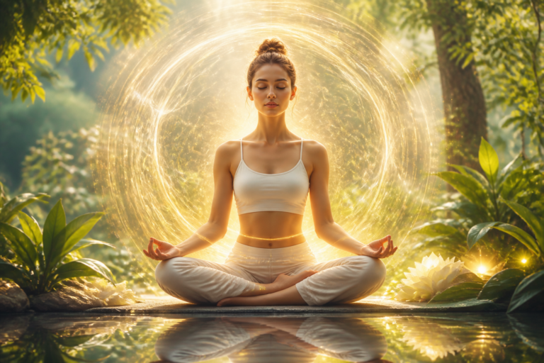 Personne méditant entourée d'une aura lumineuse symbolisant le magnétisme émotionnel et la santé holistique