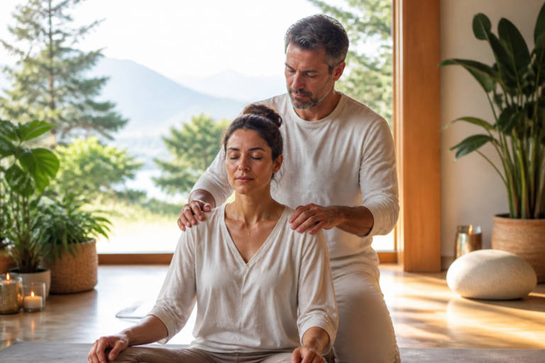 Praticien en magnétisme émotionnel posant les mains sur les épaules d'une personne dans un cadre naturel serein, symbolisant la santé douce et l'équilibre émotionnel.