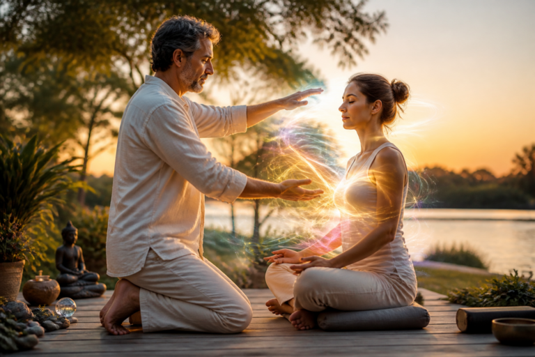Praticien de magnétisme émotionnel accompagnant une personne dans un échange énergétique bienveillant au milieu d’un décor naturel paisible avec des éléments de yoga.