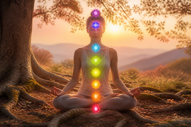 Silhouette humaine avec chakras alignés et éléments naturels symbolisant l'ancrage et l'énergie du corps