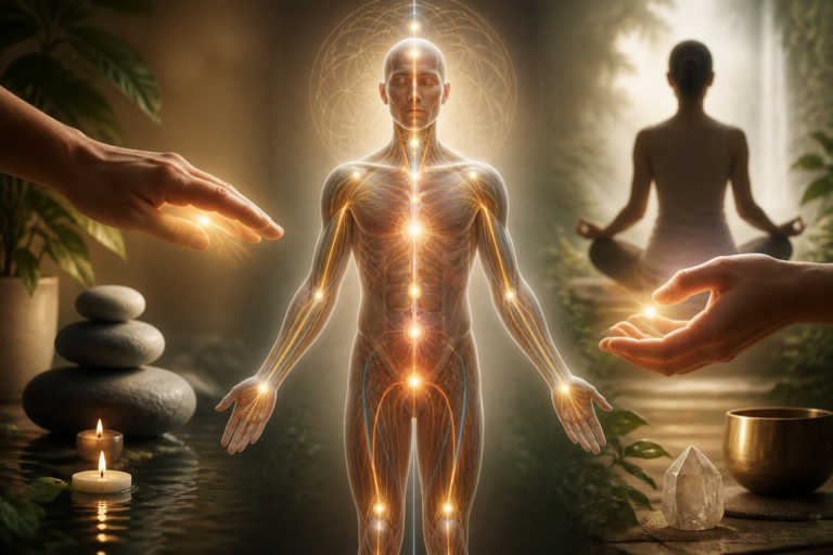 Schéma de la psychologie énergétique montrant les points d'énergie sur le corps humain avec des symboles de yoga et magnétisme émotionnel