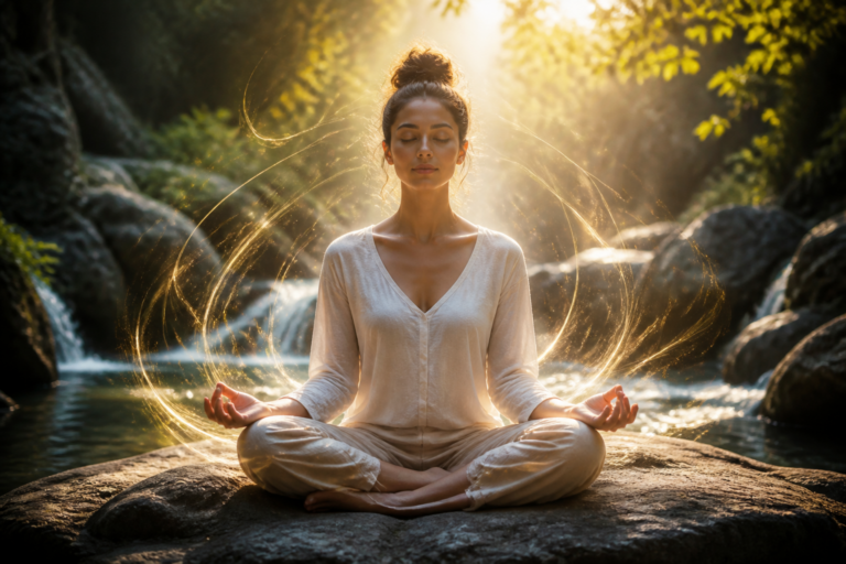 Personne méditant calmement dans la nature avec une aura lumineuse symbolisant le nettoyage énergétique
