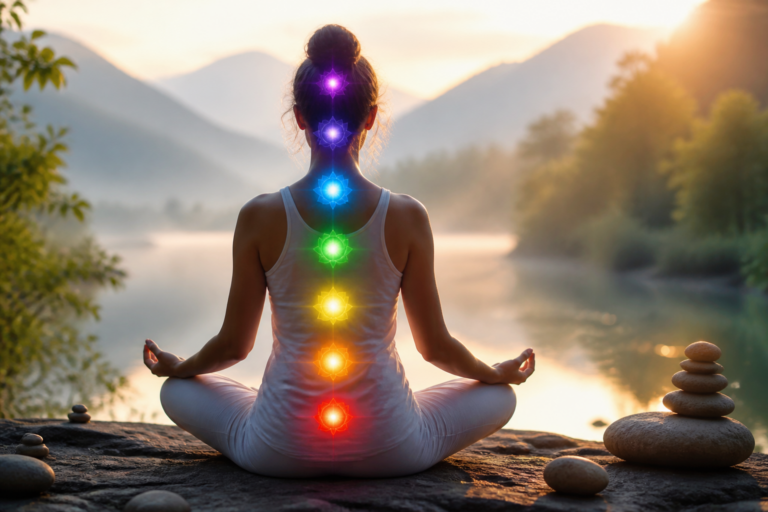 Silhouette en méditation avec les sept chakras éclairés le long de la colonne vertébrale dans un décor apaisant