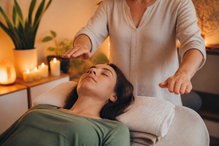 Personne recevant un soin reiki dans un cadre apaisant avec lumière tamisée et bougies