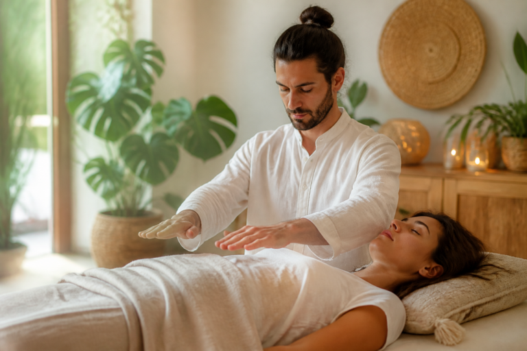 Maître Reiki pratiquant un soin énergétique dans un environnement naturel et apaisant