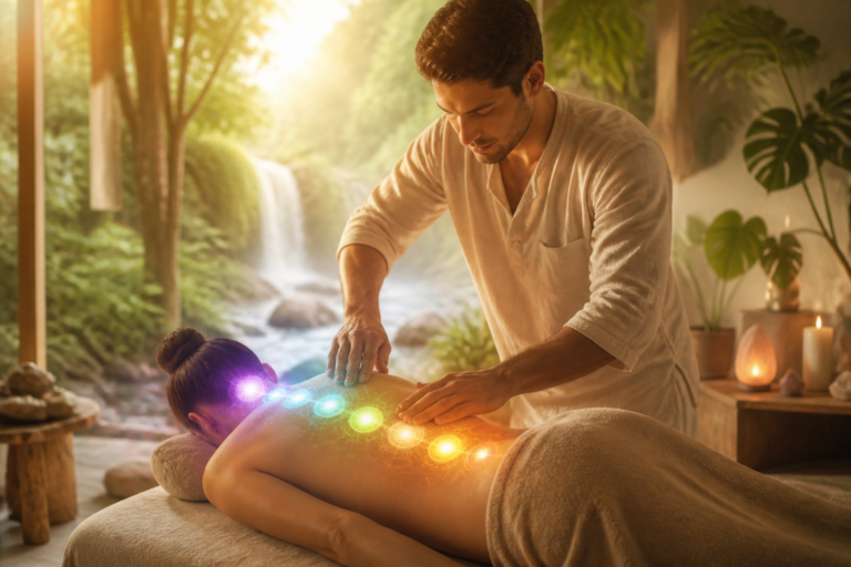 Ostéopathe travaillant sur les chakras d'une personne avec des reflets lumineux colorés, symbolisant l'énergie et l'ancrage émotionnel.