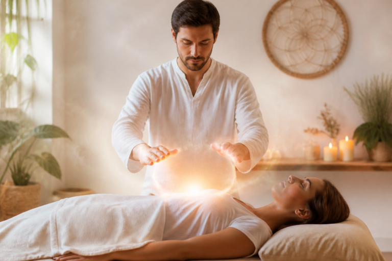 Séance de Reiki avec un praticien transmettant de l'énergie à une personne allongée, ambiance apaisante et lumineuse
