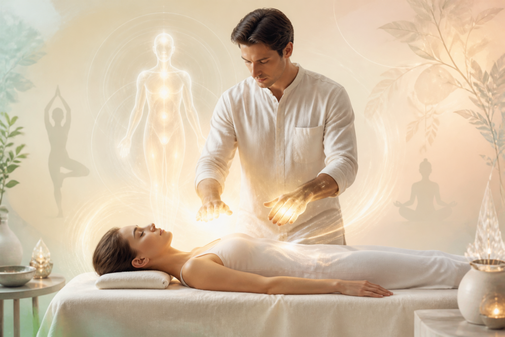 Praticien en ostéopathie énergétique effectuant une séance douce sur une personne, symbolisant l'harmonie corporelle et émotionnelle