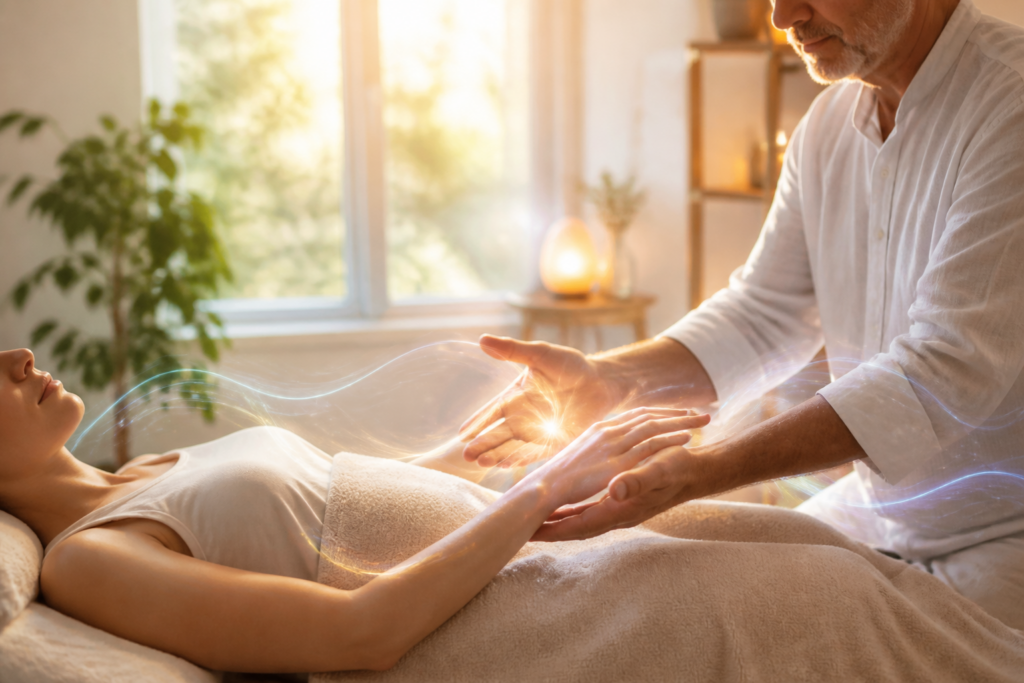 Praticien réalisant une séance d’ostéopathie énergétique avec des gestes doux sur les mains d’un patient dans un environnement calme et lumineux.