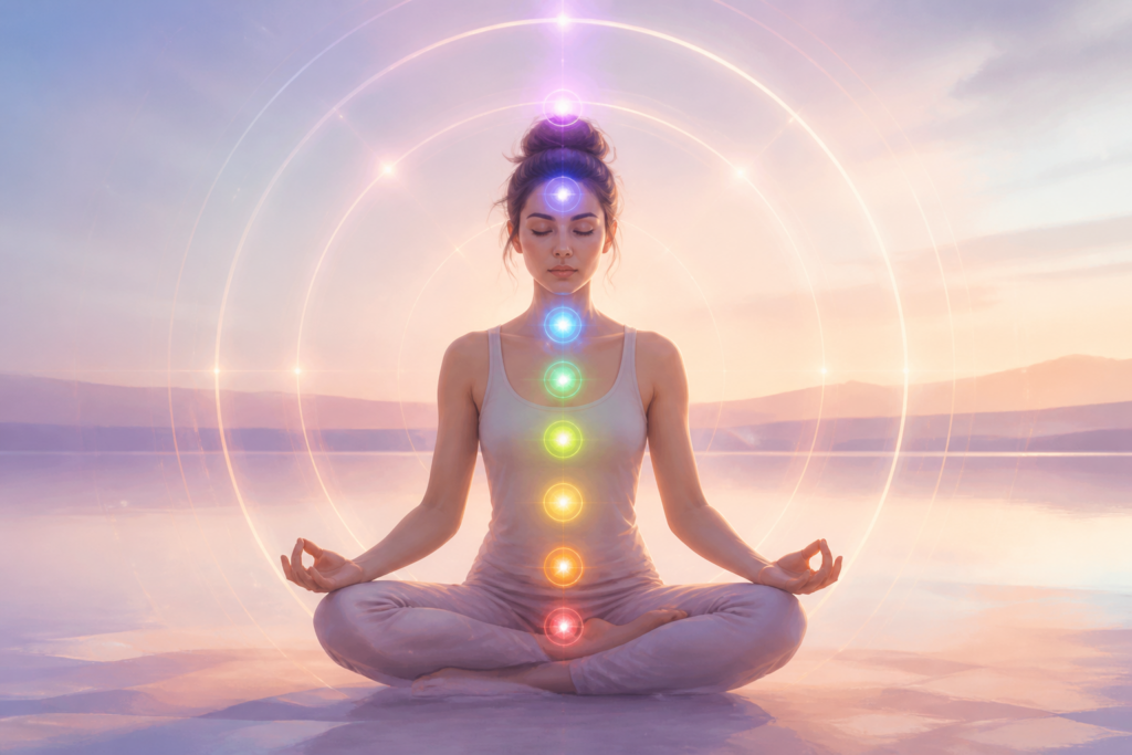 Personne en posture de yoga avec chakras lumineux alignés, symbolisant l'harmonie énergétique et le bien-être émotionnel