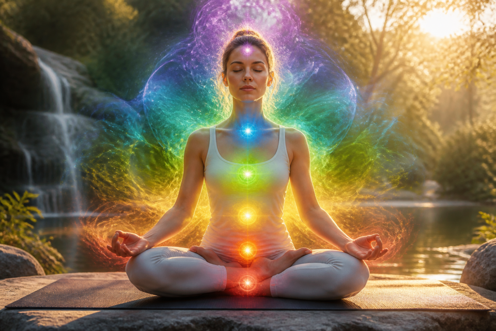 Personne méditant en pleine nature entourée d'une aura énergétique lumineuse, illustrant la méditation énergétique et le magnétisme émotionnel.