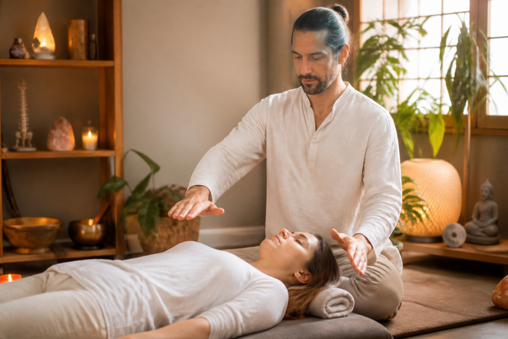 Séance de magnétisme émotionnel dans un cadre zen avec un praticien au travail, ambiance apaisante