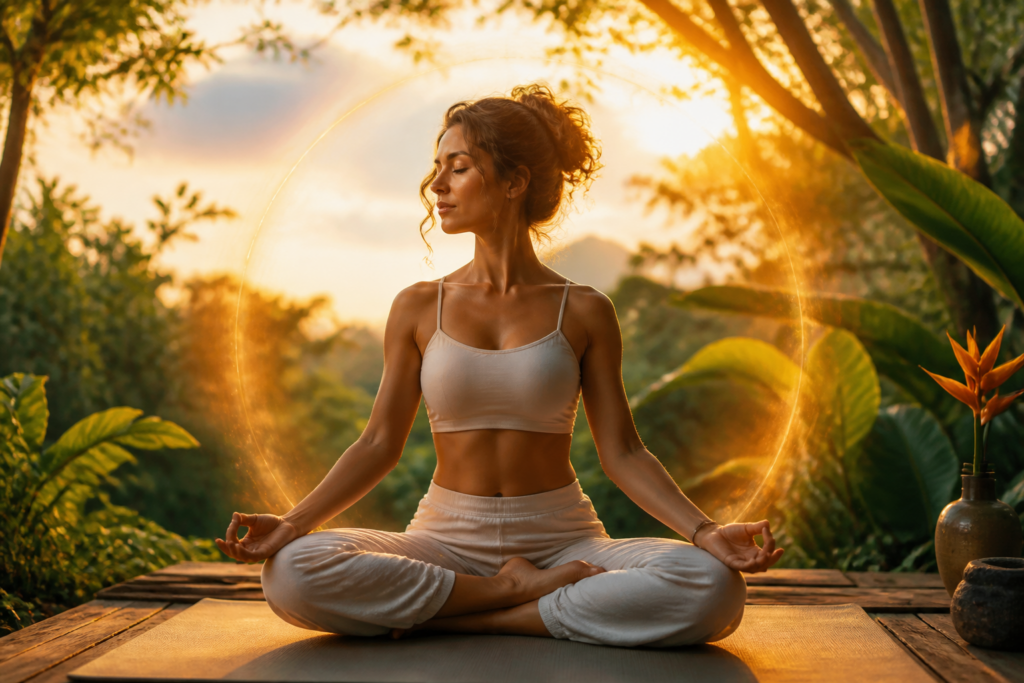 Femme pratiquant le yoga dans un cadre naturel, entourée d'une aura lumineuse douce représentant l'équilibre émotionnel et la beauté holistique