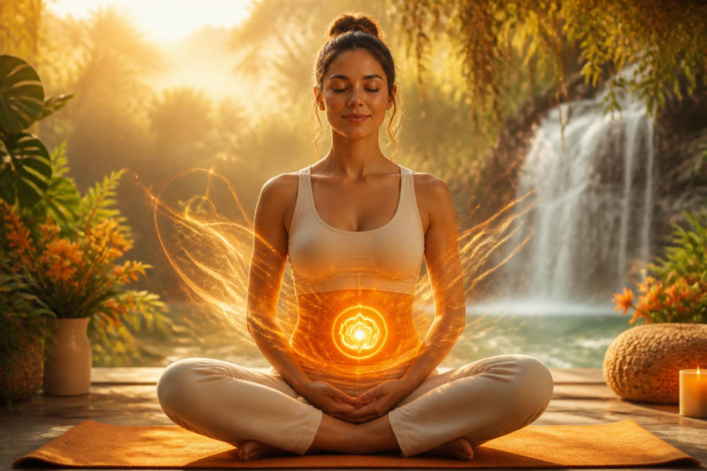 Représentation lumineuse du chakra sacré en orange avec énergie fluide et symboles de yoga